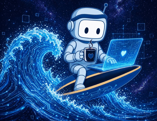 A robot on a surfboard with a laptop and a coffee, riding a wave